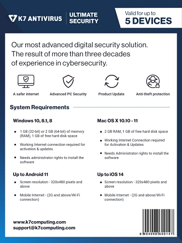 Image of K7 Ultimate Security Antivirus Software 2026 |5 Devices, 1 Year|Threat Protection,Internet Security,Data Backup,Mobile Protection|Windows laptop,PC, Mac,Phones,Tablets|2hr Email Delivery