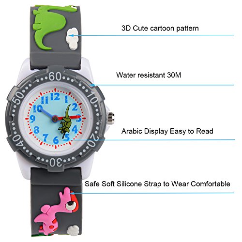 Venhoo Kids Watches 3D Cute Cartoon Waterproof Silicone Children Toddler Wrist Watches for Boys Little Child (Gray Cute Dinosaur)2