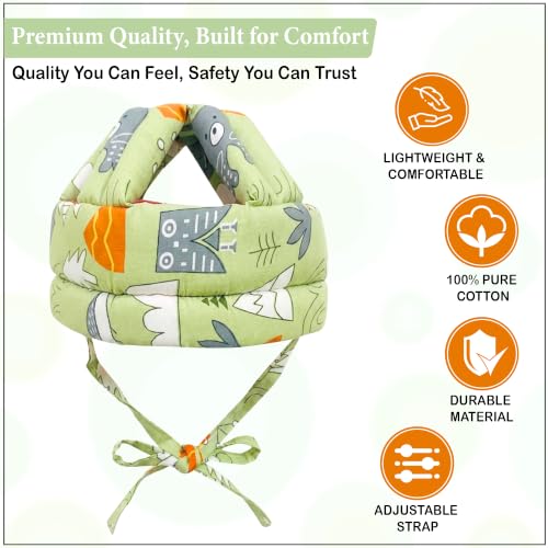 Image of GLUN Baby Head Safety Helmet, Pack of 1 Green Printed Colour, Lightweight & Breathable Safety Head Protector Helmet, Crawling, Soft Cushion Safety Headguard, 6-12 Months Cushion Bumper