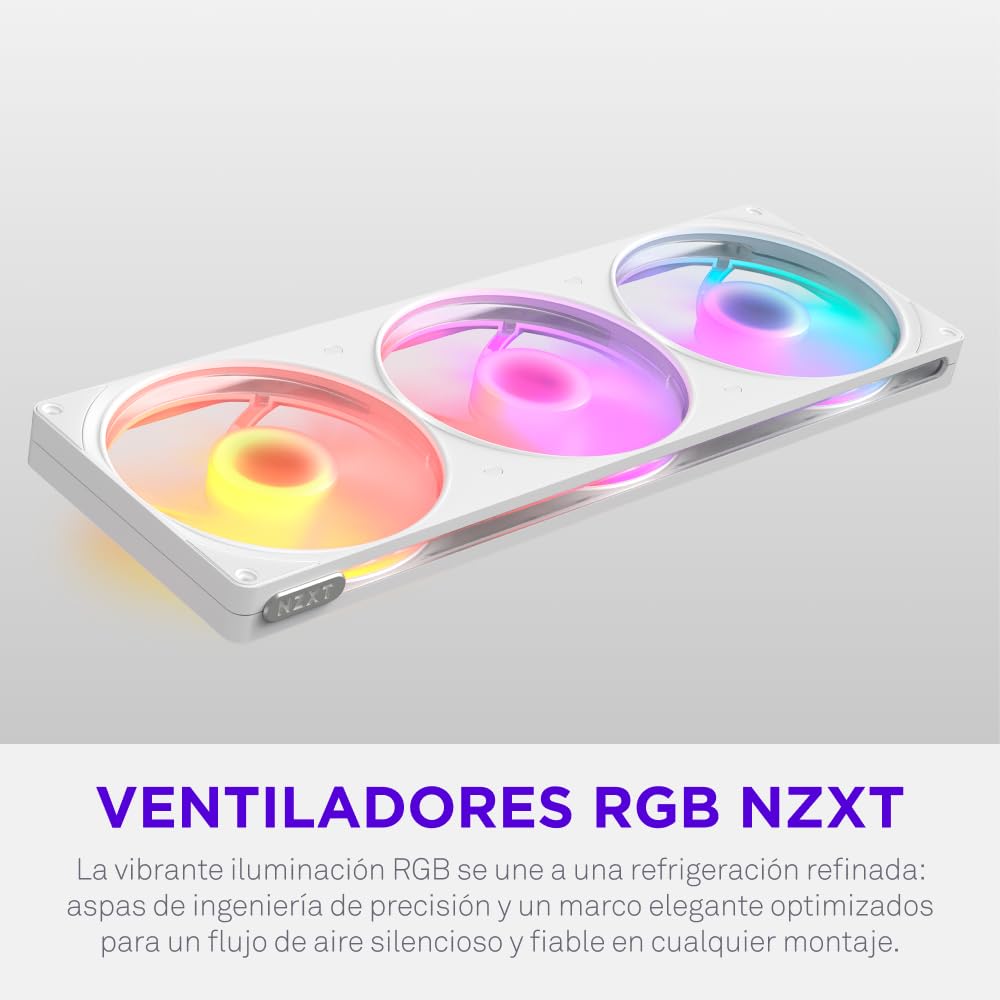 NZXT F420 RGB - Ventilador RGB PWM Marco Único 420mm - Blanco | Unidad de marco único de 420mm con tres ventiladores RGB PWM de 140mm. RGB vibrante y rodamiento dinámico fluido, silenciosa.