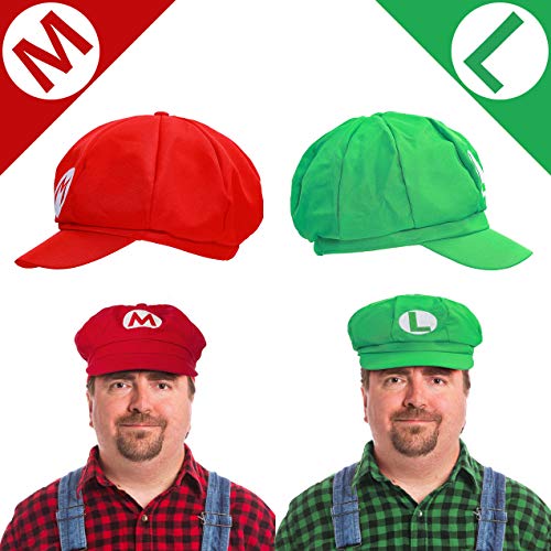 Humairc Super Bros Hats Accessories Set Mary Luigy Caps, Mustaches, Suspenders, Gloves Buttons Halloween Cosplay Costume3