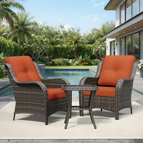 Image of Joyside 3 Piece Wicker Patio Furniture Set, Rattan Patio Chairs with High Back, Deep Seating, Wide Armrest, Thickened Cushions, Outdoor Furniture for Deck, Porch Use