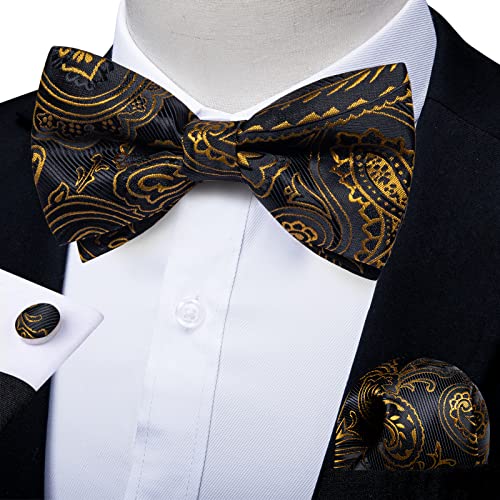 Image of DiBanGu Paisley Pre-Tied Bow Ties for Men Silk Adjustable Bowtie and Pocket Square Cufflinks for Wedding Party
