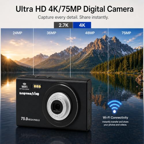 Image of LEQTRONIQ Atlas 4K Digital Camera for Photography & Vlogging | 64MP Autofocus Camera with 5X Optical Zoom, WiFi Sharing, Compact Point and Shoot Travel Camera for Beginners | 32GB Card & 2 Batteries