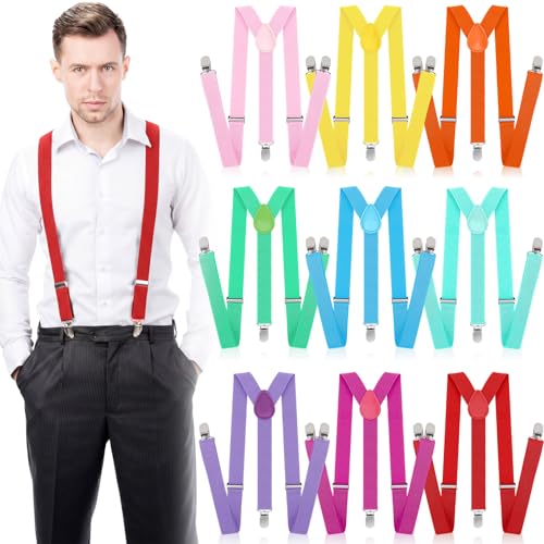 Image of 9 Pieces Y Back Style Unisex Suspenders Adjustable Elastic Suspenders for Men Women Rainbow braces with Clip for Pants