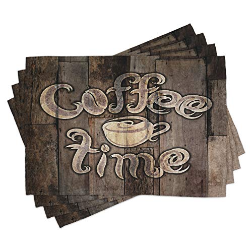 Ambesonne Modern Place Mats Set of 4, Coffee Time Phrase with a Cup on a Wooden Grunge Background Kitchen Image, Washable Fabric Placemats for Dining Table, Standard Size, Umber Cocoa