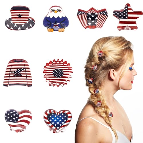 Vovii 8Pcs Mini 4th of July Hair Clips for Girls Women Cute Patriotic Mini Claw Clips Red White Blue USA Flag Hair Accessories for Independence Day Memorial Day Veterans Day Holiday Party Hairstyle