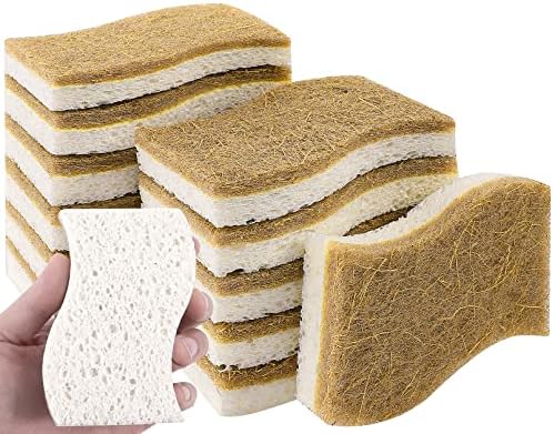 12 Pack Natural Sponges,Eco Friendly Kitchen Sponge,Natural Dish Sponges for Washing Dishes,Biodegradable Compostable Cellulose and Coconut Scrubber Sponge for Kitchen,Non-Scratch,Odor Free