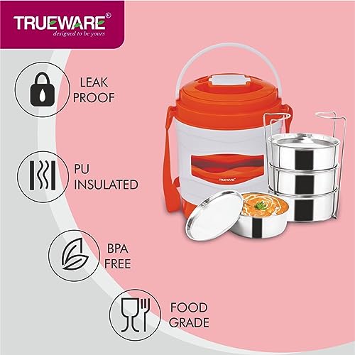 Image of Trueware Marina 4 Lunch Box with 4 Steel Container, 300 ml X 4 Orange | PU Insulated | Tiffin | Hot Lunch Box | Leak Proof | Easy to Carry | Food Grade | BPA Free | Office | Outdoors | for Men Women