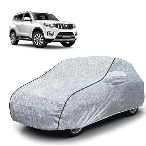 Image of Sulfar 100% Waterproof Car Body Cover Compatible with Mirror for Mahindra Scorpio N (Triple Stitched, Full Bottom Elastic, Magic Silver with Black Piping)
