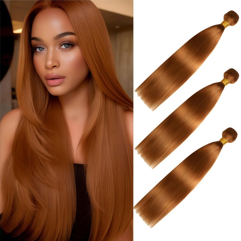 #30 Light Brown Straight Human Hair Bundles 10 12 14 Inch Bundles Human Hair Straight Brazilian Virgin Quick Weave Hair for Black Woman 100 Gram Per Bundle