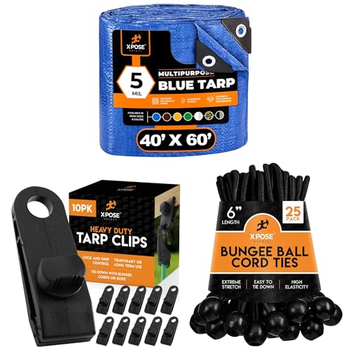 Image of 40' x 60' Multipurpose 5 Mil Blue Poly Tarp Cover, 6 inch Black Bungee Ball Cords (25 Pack), and Heavy Duty Tarp Clips (10 Pack) for Canopies, Tarps, Camping, and More - Xpose Safety