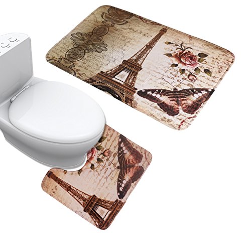 JILLBAN Bathroom Mat Cushion Set Flannel Non Slip 2pcs (Bath mat + Contour Rug) (Butterfly Eiffel Tower)