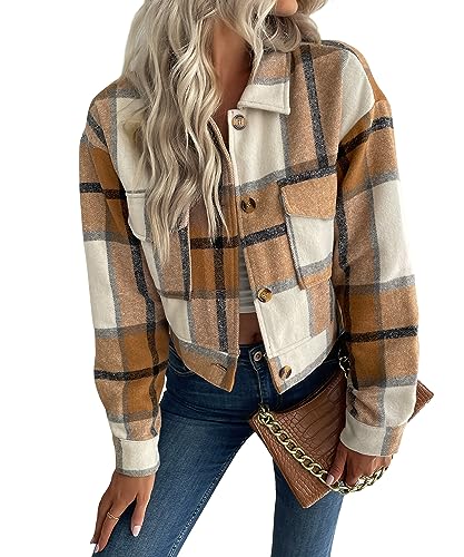 Jackets for Women Cropped Shacket Plaid Button Down Shirt Long Sleeve Flannel Coat Tops with Lapel Pocketes