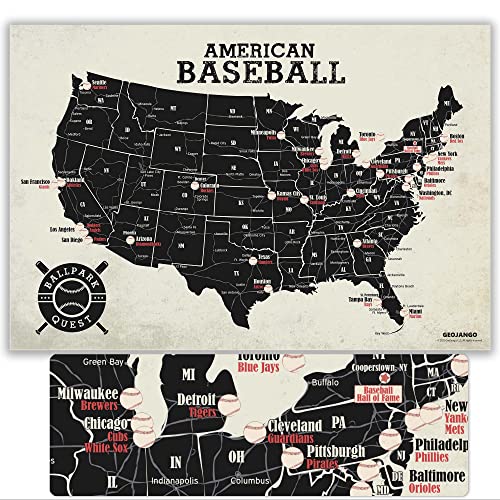 GeoJango Baseball Stadium Map Poster - Vintage Edition (24Wx16H inches)