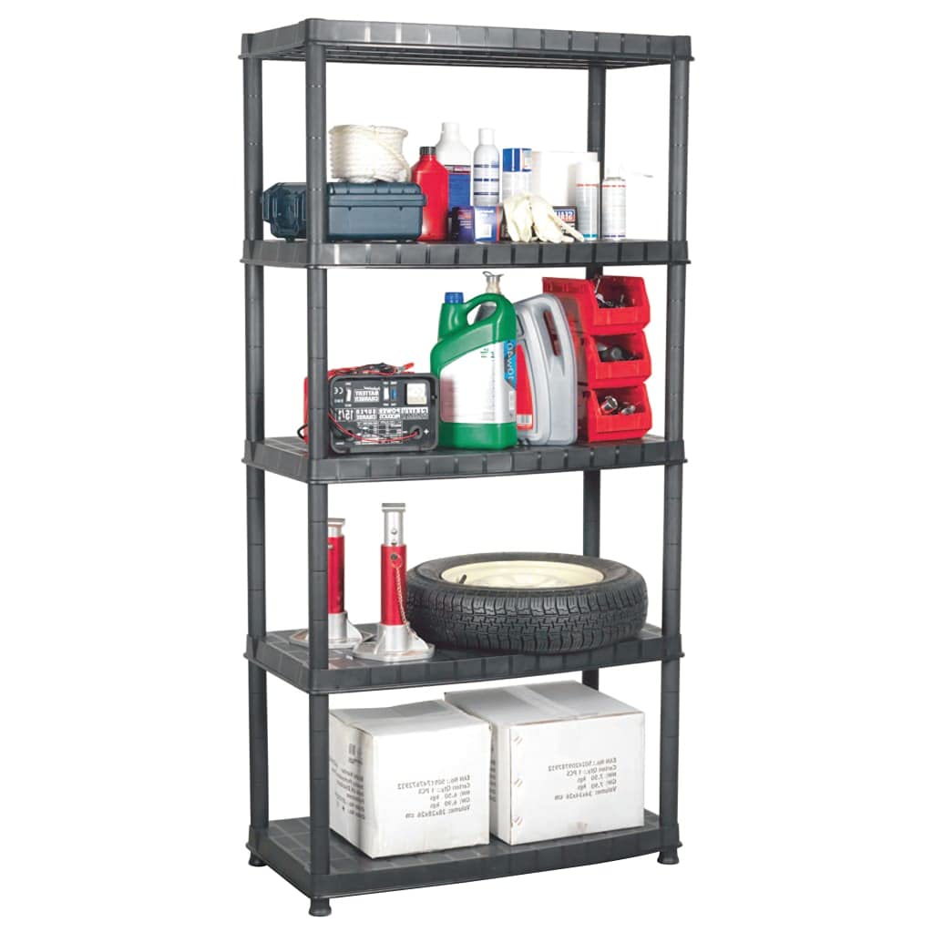Regał magazynowy 5-poziomowy, czarny, tworzywo sztuczne, 85 x 40 x 185 cm, o dużej nośności do 60 kg na półkę, wtykany do warsztatu, piwnicy, garażu, biura, do przechowywania i przechowywania