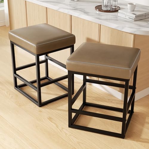 Image of Bar Stools Set of 2, 24in Counter Height Barstools, Faux Leather Counter Stools with Thick Square Seats & Sturdy Metal Base, Modern Bar Chairs for Kitchen Island, Coffee