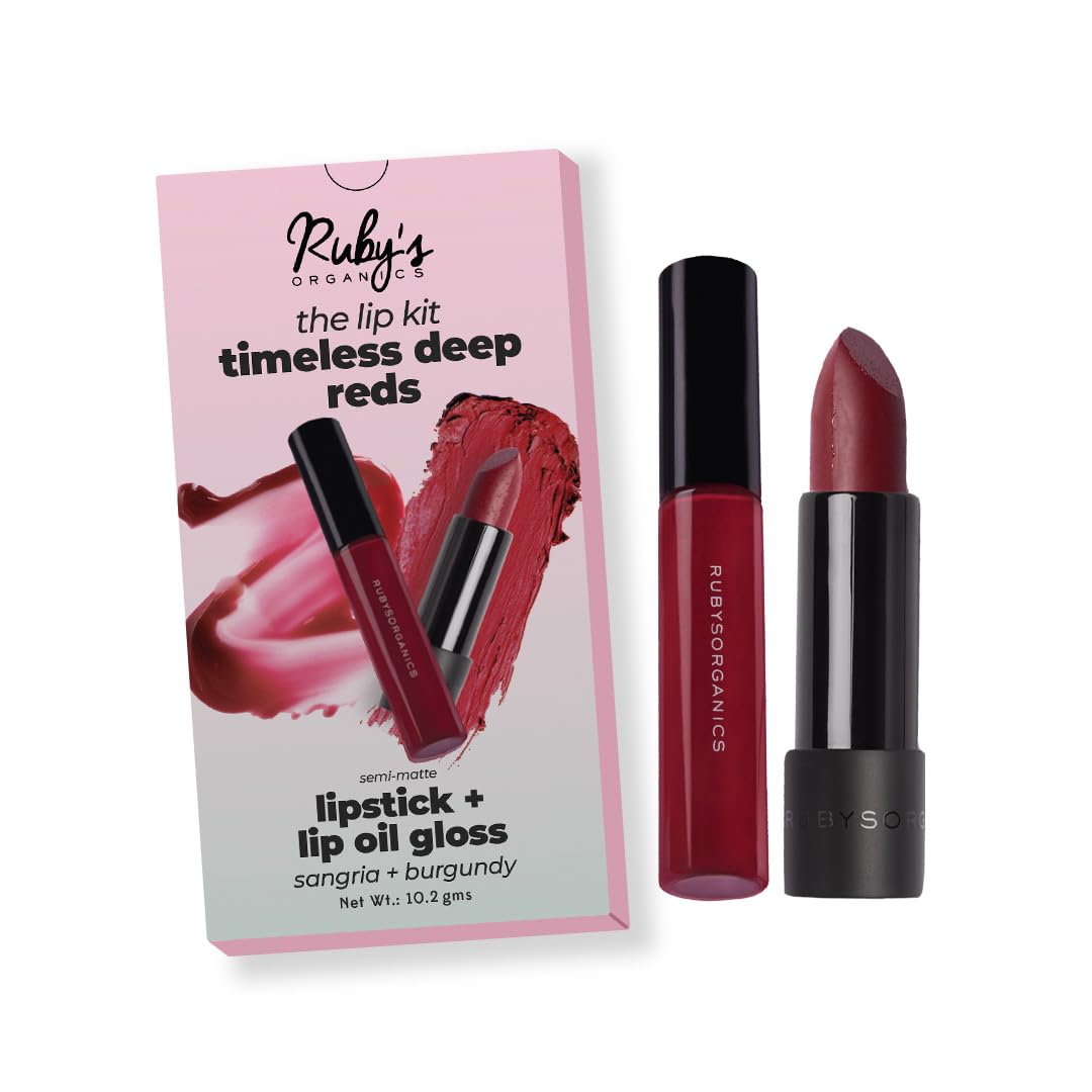 Ruby's Organics Lip Beauty Gift Kit- Timeless Reds Combo Pack of Lipstick & Lipgloss, Moisturizing, Long Lasting, Non Sticky & Non Drying, Glossy Texture, Natural Lip Makeup - Burgundy and Sangria