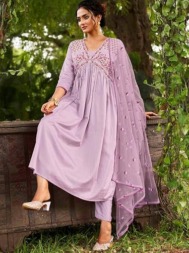 Image of TRENDMALLS Women's Chanderi Silk Embroidery Work Salwar Suit Set Kurta Pant with Dupatta For Women