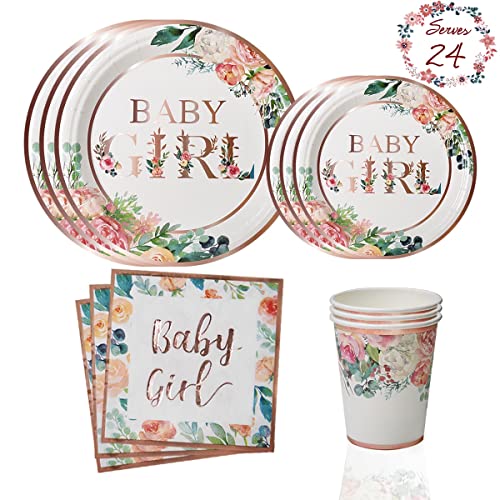 YARA Baby Shower Decorations For Girl Pink Rose Gold Floral Paper Plates Napkins Cups Boho Party Supplies For Girls Birthday
