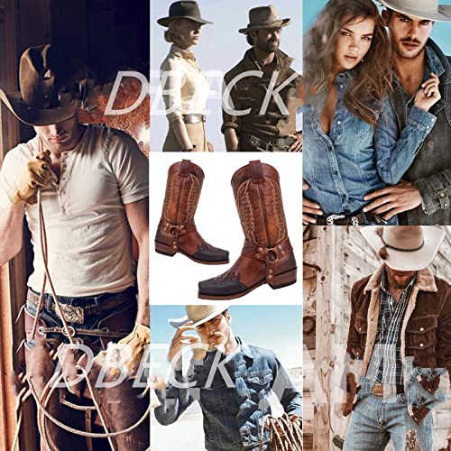 Western Boots for Men Cowboy Boots Lightweight Durable Round Toe Modern Boots Fashion Embroidered Hand Stitching Riding Cowgirl Boots Anti Slip Mid-Calf Wide Calf Pull On Boot Traditional Country Boot 7