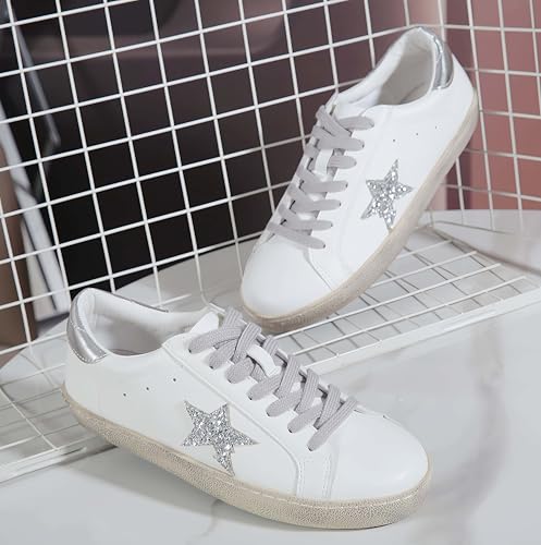 Sneakers for Women - Fashion Bling Star Sequins Sneaker - Cushioned Low Top Platform, Rubber Sole Leather Upper Lace Up Walking Shoes - Casual Comfortable Running Sports Shoes4