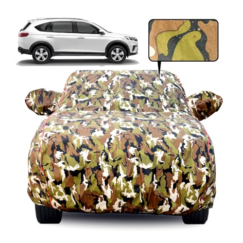 Image of Waterproof Car Body Cover for Honda BRV with Mirror Pocket, Soft Cotton Lining, Triple Stitched, Full Bottom Elastic (Heat Resistant Jungle Print with Red Piping)