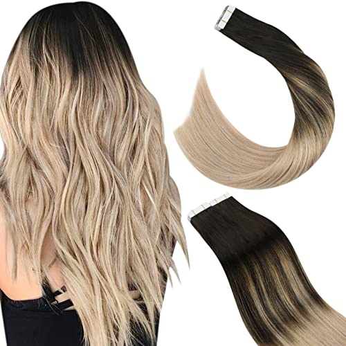 Ugeat Tape in Black Hair Extensions 14 Inch Human Hair Extensions Tape in Natural Black for Women 20 Pieces Seamless Tape in Hair Extensions Human Hair 50 Grams