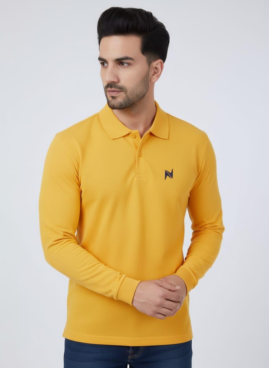 men's & boy's yellow solid polo collar t-shirt full sleeves | plain-regular fit.