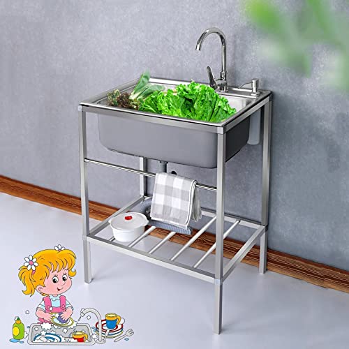 Fregadero de camping independiente de un solo tazón, mesa de fregadero de acero inoxidable, fregaderos de cocina portátiles con escurridor y juego de grifo, lavabo, para garaje, restaurante, cocin