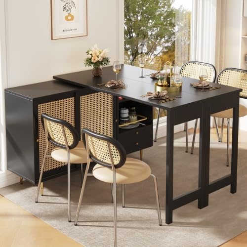 eisaro Isla de cocina independiente giratoria 360° extensible 107-187 cm – Mesa de bar con puertas de ratán y patas doradas, isla de cocina móvil con encimera de estilo retro