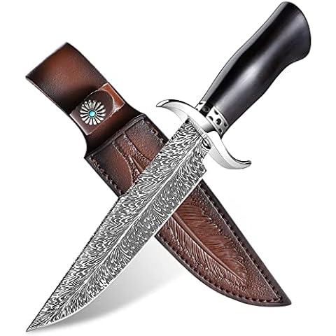 Japaknives Outdoor Messer, Jagdmesser mit Ebenholz Griff und Federmuster, D2 Stahl Feststehende Klinge Survival Messer mit Holster Gürtelmesser Cover