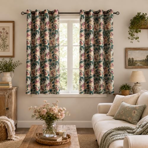 Image of ALIGOGO Floral Drapes 63 Inch Length - Antique Linen Botanical Toile Curtains for Bedroom 2 Panels, Rustic Country Privacy Grommet Light Filtering Grandma Core Decor, 50W x 63L Inch, Taupe