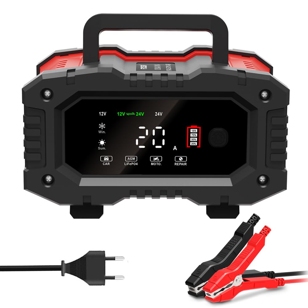 W pełni automatyczna ładowarka FOXSUR 300 W 12 V 20 A i 24 V 10 A Przenośna ładowarka podtrzymująca i konserwator akumulatorów z wyświetlaczem LCD do samochodów ciężarowych SUV,