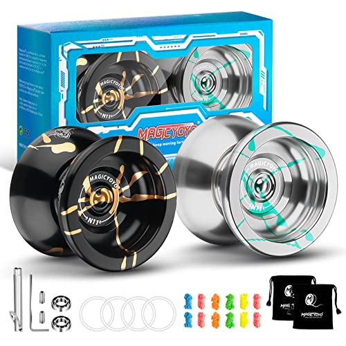 Image of MAGICYOYO N11 Professional Unresponsive Alloy Aluminum YoYo Ball with 2 Bags + 12 Strings, Responsive Bearings Kit (Silver Green + Black Golden)