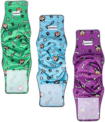 Joyshare Washable Male Dog Diapers with Reflective Strips - Washable Belly Bands, High Absorbency Cartoon Male Dog Wraps (Pack of 3) - Reusable Diapers for Male Dogs Incontinence and Puppy XS