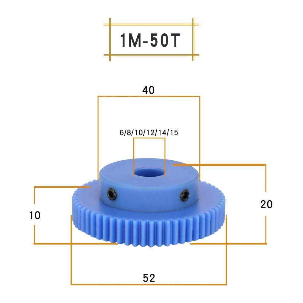 Cylindrical Drive 1pc Blue Nylon Straight Teeth Transmission Gear 1 Module 50 Teeth Spur Gear 52mm Diameter 1M 50T Cylindrical Gear with Step Rack Machinery(10mm bore)