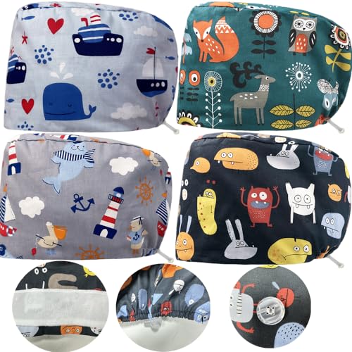4 Pezzi Bouffant Cappello da Bellezza in Cotone Regolabile con Fascia Sudore, Scrub Turbante con 2 Bottoni e Banda Elastica per la Cura Personale