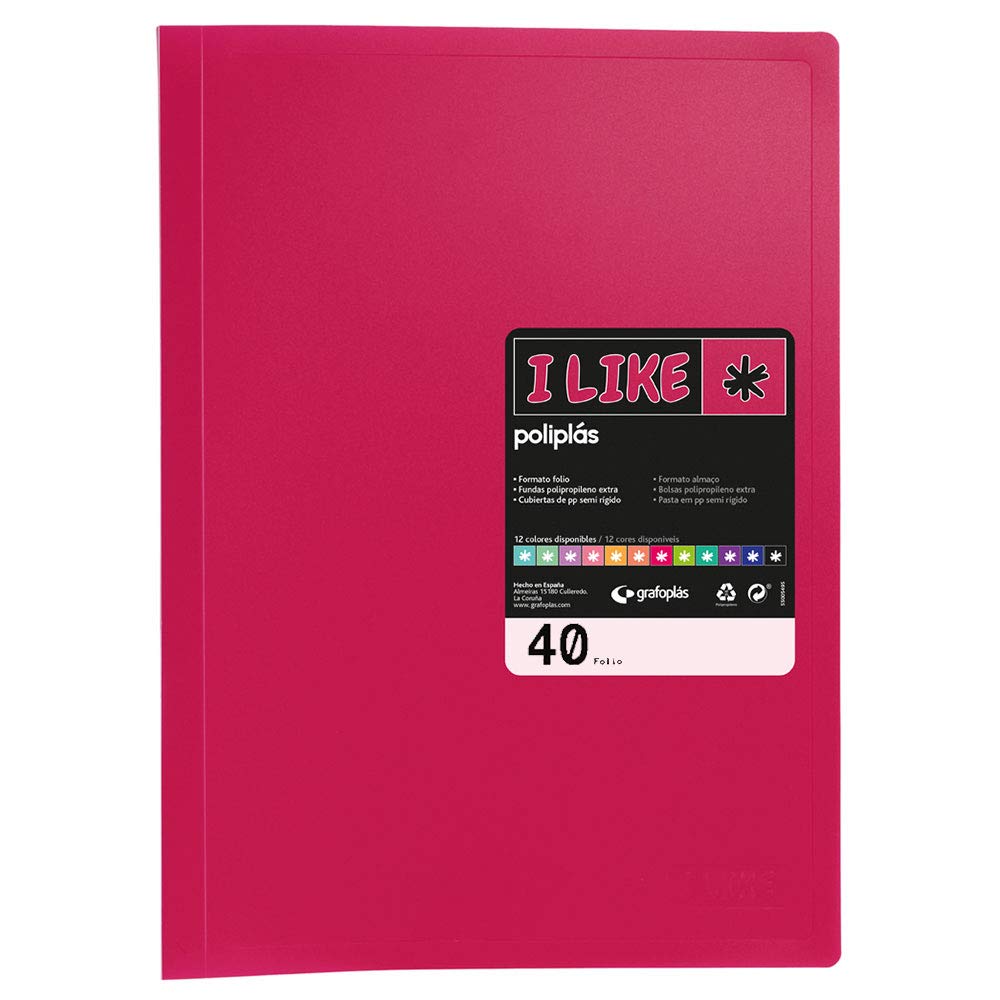 Grafoplás 1441354. Transparent Sleeve Folder, 40 Extra Welded Pockets, Folio, Opaque Fuchsia, Like Polyplas