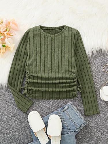 Milumia Girl's Ribbed Knit Ruched Long Sleeve T-Shirts Knot Crew Neck Tee Shirt Tops2