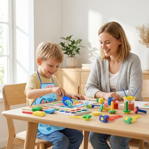 JUXINE 33 Stück Malerei Schwamm Pinselset, Kinder Malwerkzeuge Set | Kreatives Bastelset mit verschiedenen Formen | Sicher & Ungiftig | Ideal für Frühförderung, DIY-Kunst & Geschenke. (Rot)