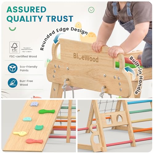 Image of BlueWood Upgraded Indoor Jungle Gym 14-in-1 Playground Kids Climbing Toys, Waldorf Style Wooden Climber Playset with Slide, Swing, Monkey Bars, Upright /Rope Ladder, Climb Net, Colorful