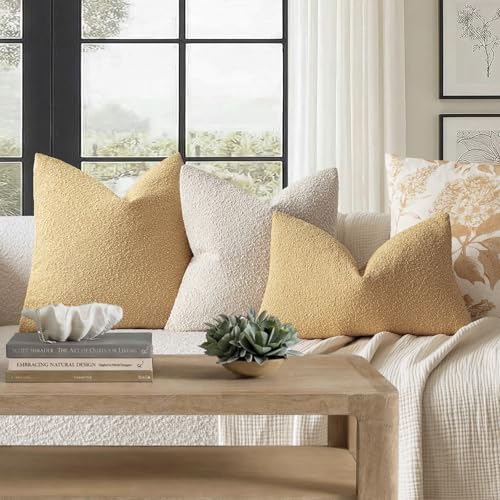 Image of Foindtower Set of 2, Decorative Textured Boucle Throw Pillow Covers Accent Solid Pillow Cases Neutral Couch Cushion Case for Chair Sofa Bedroom Living Room Home Decor 24x24 Inch Light Yellow