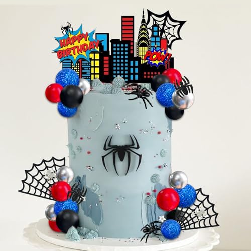 Sonicebuy 41Pcs Spider Cake Topper Balls Cake Decorations With Spider Web Black Red Silver And Glitter Blue Balls Spider City Superhero Theme Birthday Cake Topper For Boys Men Baby Shower Party Supplies cover