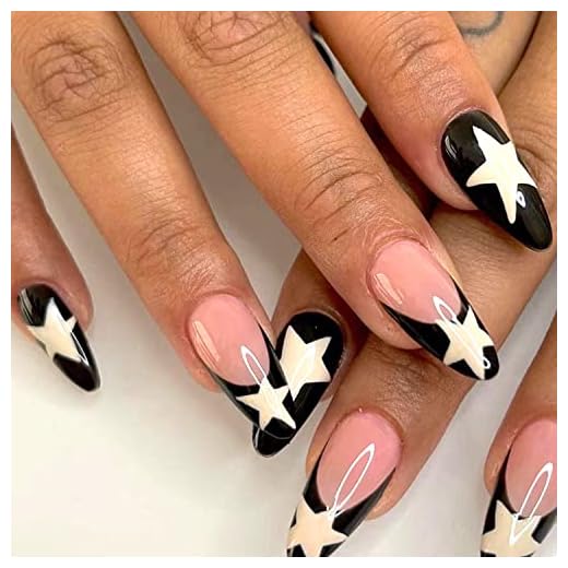 French Tip Press on Nails Stars Fake Nails Medium Almond Shaped Black Tip Yellow Star Acrylic Nails Nude Black Exquisite Glossy False Nails Kit for Women Girls Daily Life Finger Wear Decor 24 Pcs