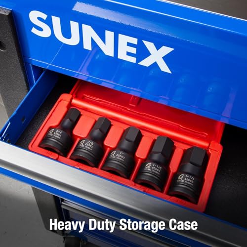 Image of SUNEX TOOLS 4506, 3 /4 Inch Drive Impact Hex Driver Set, 5-Pieces, SAE, 3 /4 inch - 1-1 /4 inch, Cr-Mo Steel, Solid One Piece Construction, Dual Size Markings, Heavy Duty Storage Case