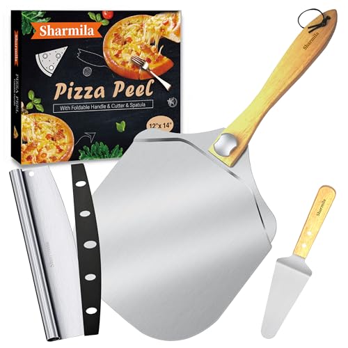 Sharmila Pizza Peel 12 Inch, Aluminum Pizza Paddle With Foldable Wooden Handle,Pizza Rocker Cutter,And Metal Pizza Spatula-Ideal For Family Pizza Oven Baking,Dough,Bread & Pastry