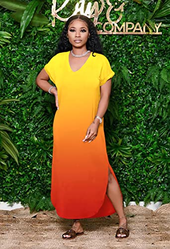 Image of Women Summer V Neck Loose Side Split Maxi Dresses with Pocket