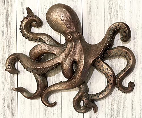Large Octopus Decorative Wall Sculpture - Bronze/Verdigris Finish - Nautical Ocean Beach Coastal Decor - Table Top Or Wall Mount #TOP5
