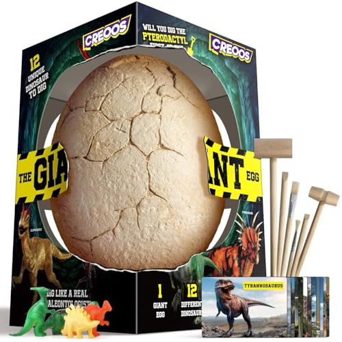 Creoos Dinosaur Egg Dinosaur Toys Dig Kit 12 Dinasour with 6 Digging Tools and Board Game Giant Dino Egg Large Big Gift for Kids Boys Girls Science Learning STEM Crafts Excavation Eggs Jurassic Toy